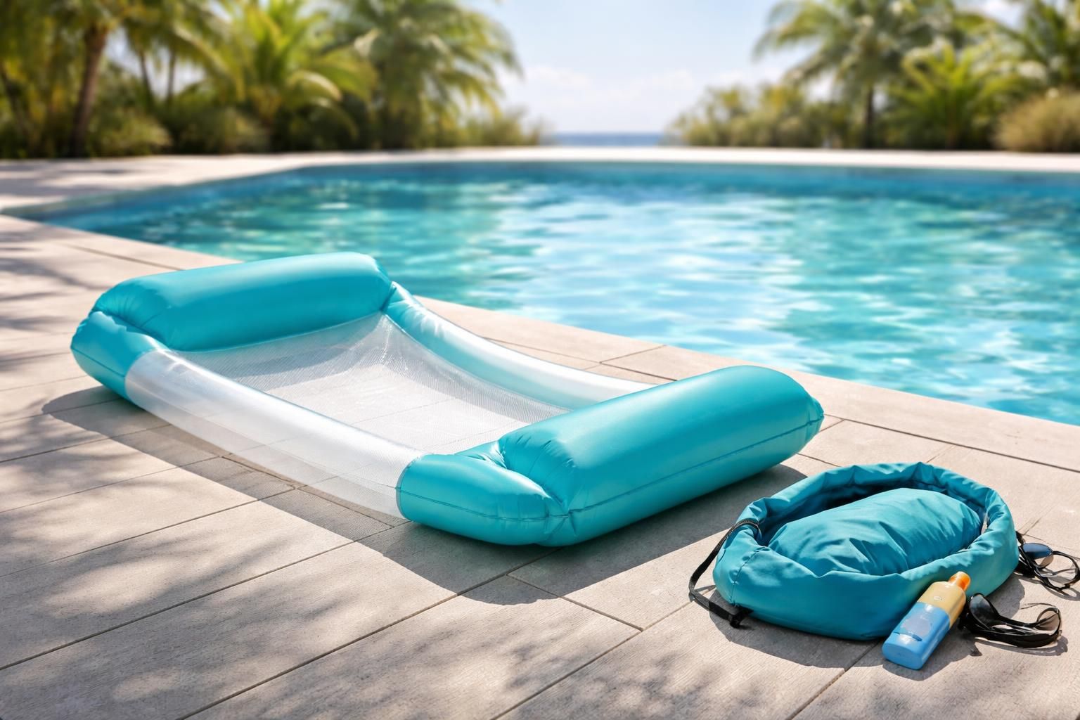découvrez notre hamac gonflable de piscine ultra-compact, léger et facile à transporter, idéal pour se détendre partout et à tout moment.