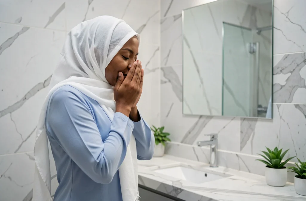 Femme musulmane réalisant les étapes du woudou au miroir, geste rituel du visage pour les ablutions