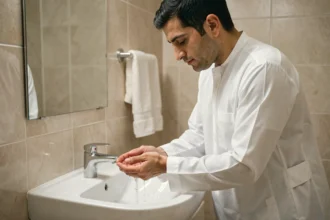 Homme effectuant les ablutions rituelles au lavabo, étapes du woudou avec attention aux mains