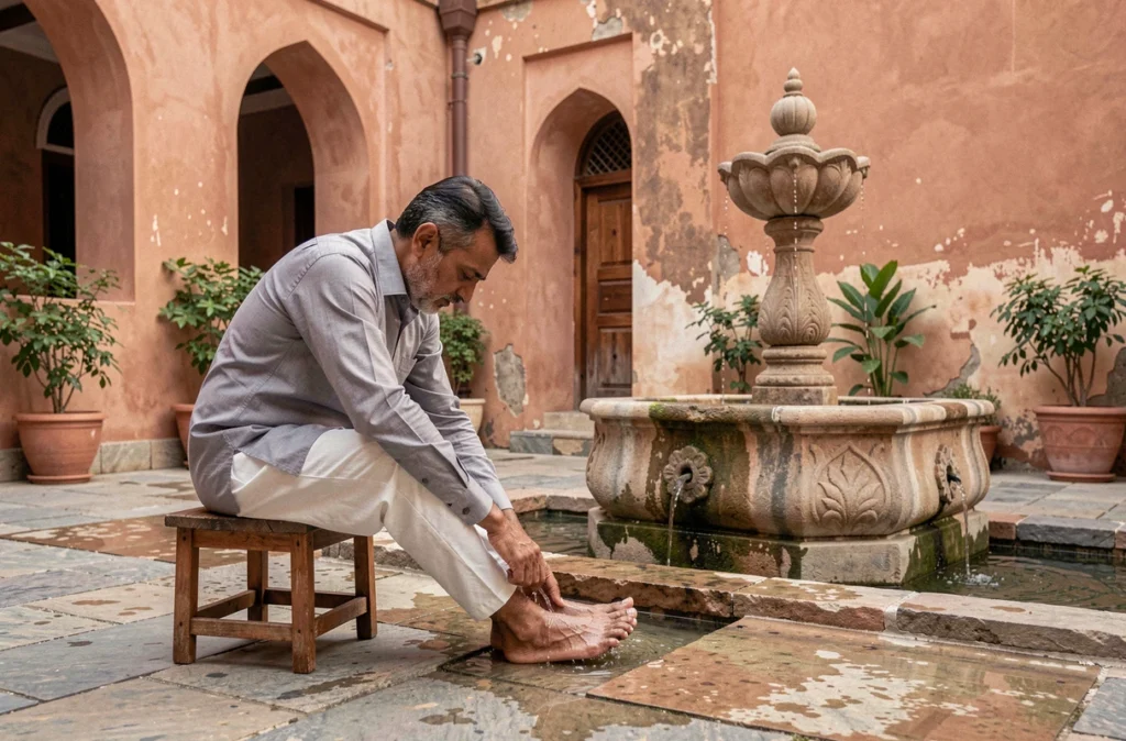 Homme lavant ses pieds dans la cour d'une mosquée lors des ablutions du woudou, erreurs courantes à éviter