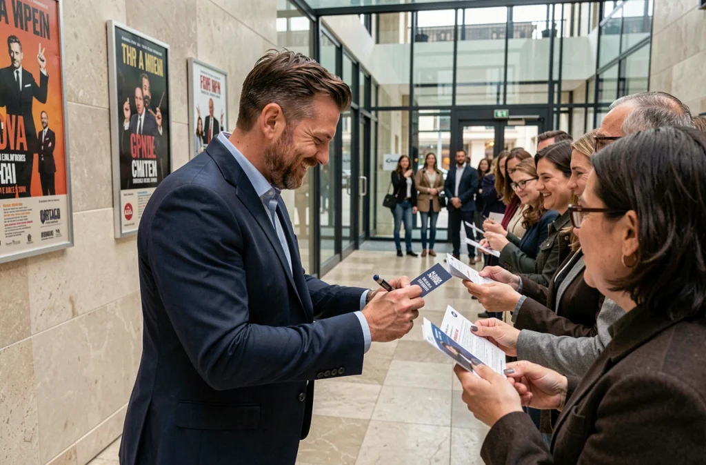 Acteur de théâtre français saluant ses fans dans le hall d'un théâtre parisien moderne après une représentation en 2026