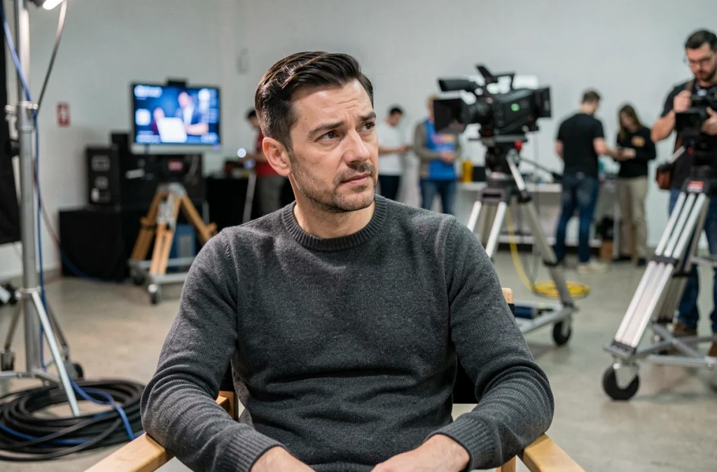 Acteur français assis dans une chaise de réalisateur sur un tournage de film ou série télévisée, plateau cinéma professionnel