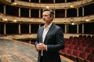 Acteur de théâtre français sur scène dans un théâtre à l'italienne aux fauteuils rouges, ambiance spectacle vivant 2026