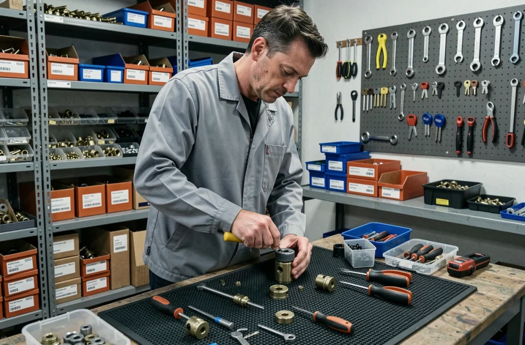 Un technicien d'Ad Production assemble un cylindre de serrure haute sécurité dans un atelier de serrurerie