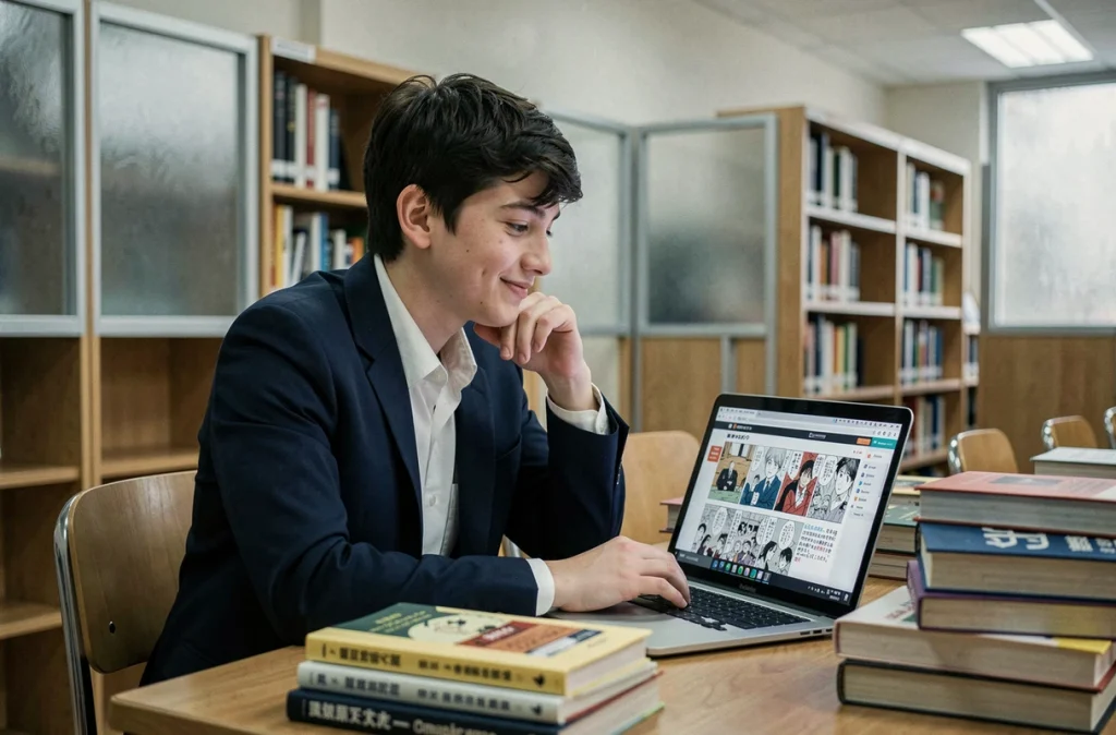 Adolescent en uniforme scolaire lisant un scan de manga One Piece sur un ordinateur portable dans une bibliothèque scolaire calme