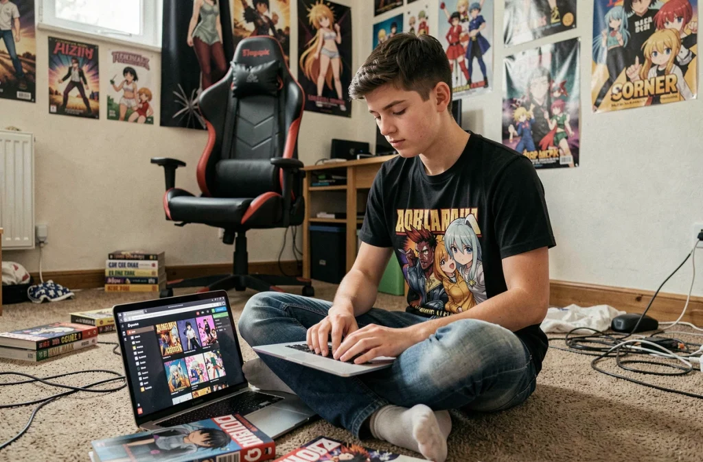 Adolescent consultant un site de lecture de scans de manga sur son ordinateur portable dans sa chambre, soulevant des questions sur la légalité du piratage de manga en 2026