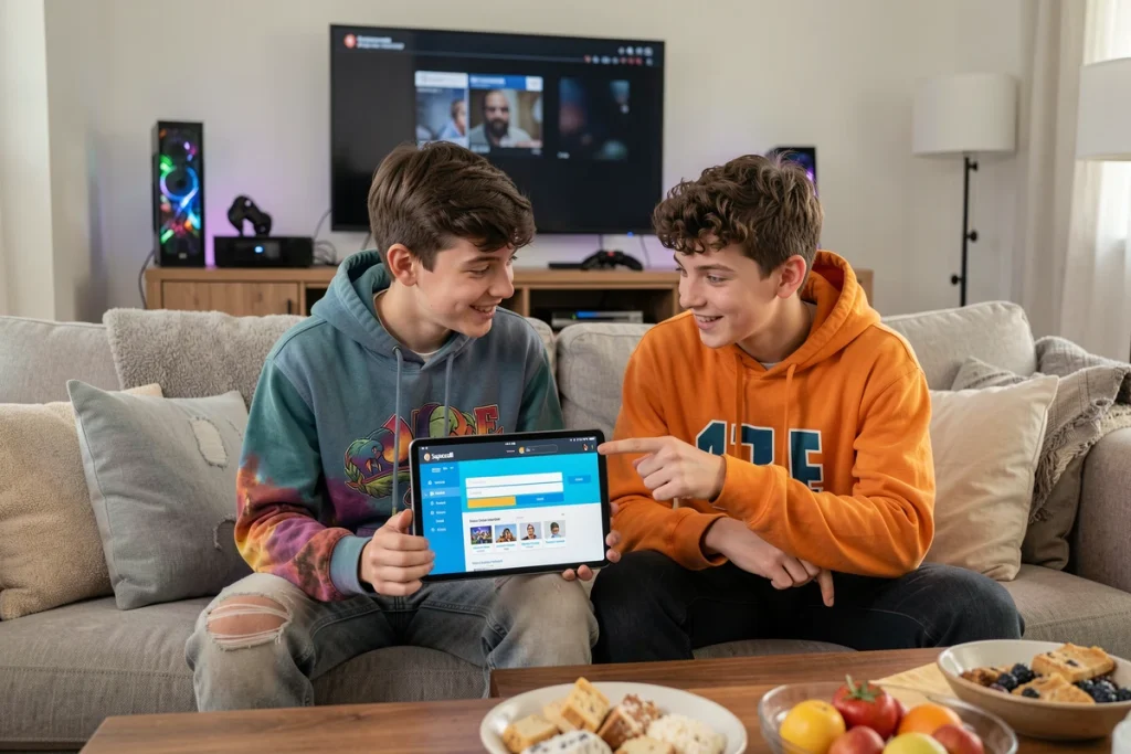 Deux adolescents entrant un code Supercell store Brawl Stars sur une tablette dans un salon