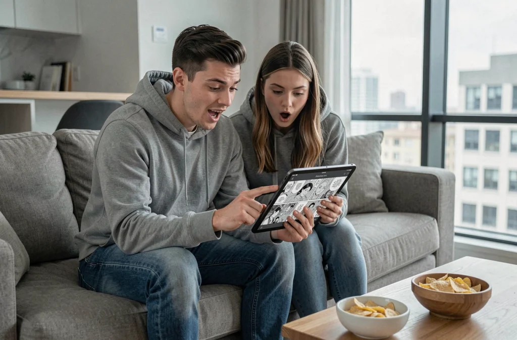 Deux amis lisant ensemble un scan de manga One Piece sur une tablette dans un salon moderne d'appartement contemporain
