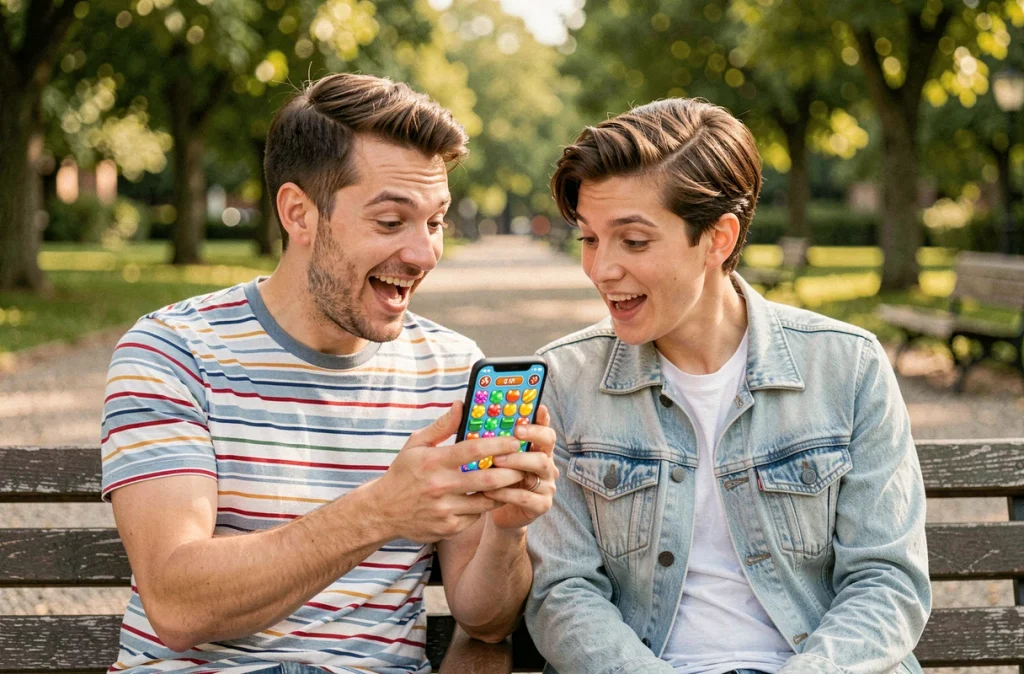 Deux amis regardant ensemble les niveaux d'un jeu de puzzle coloré sur smartphone dans un parc urbain