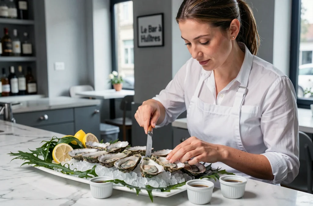 Le Bar à Huîtres du Havre avec ses plateaux d'huîtres fraîches sur glace et une sommelière en train d'en ouvrir une