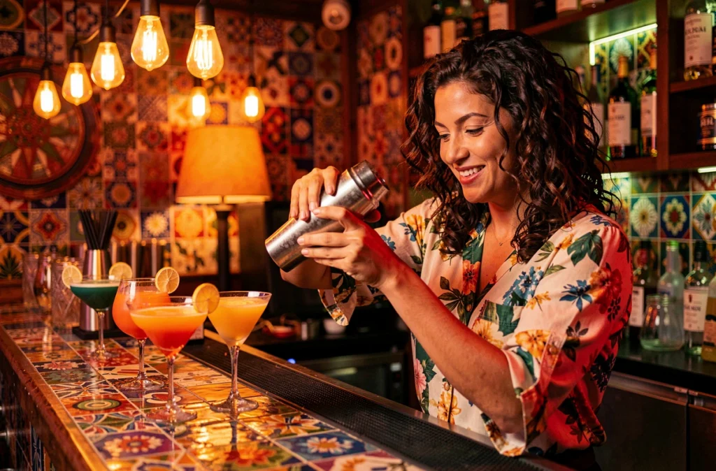 L'intérieur coloré et festif du bar La Noche avec une barmaid préparant un cocktail dans une ambiance latine