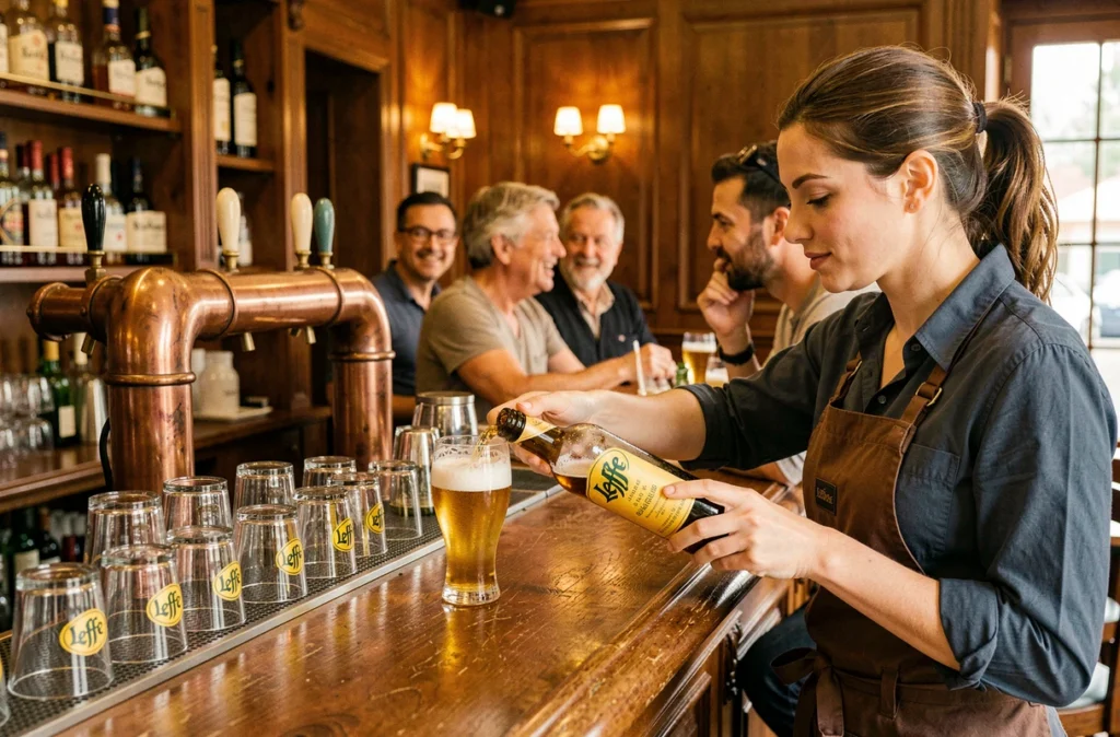Le Café Leffe avec sa bière blonde tirée à la perfection par une barmaid dans une ambiance de café-bar chaleureux