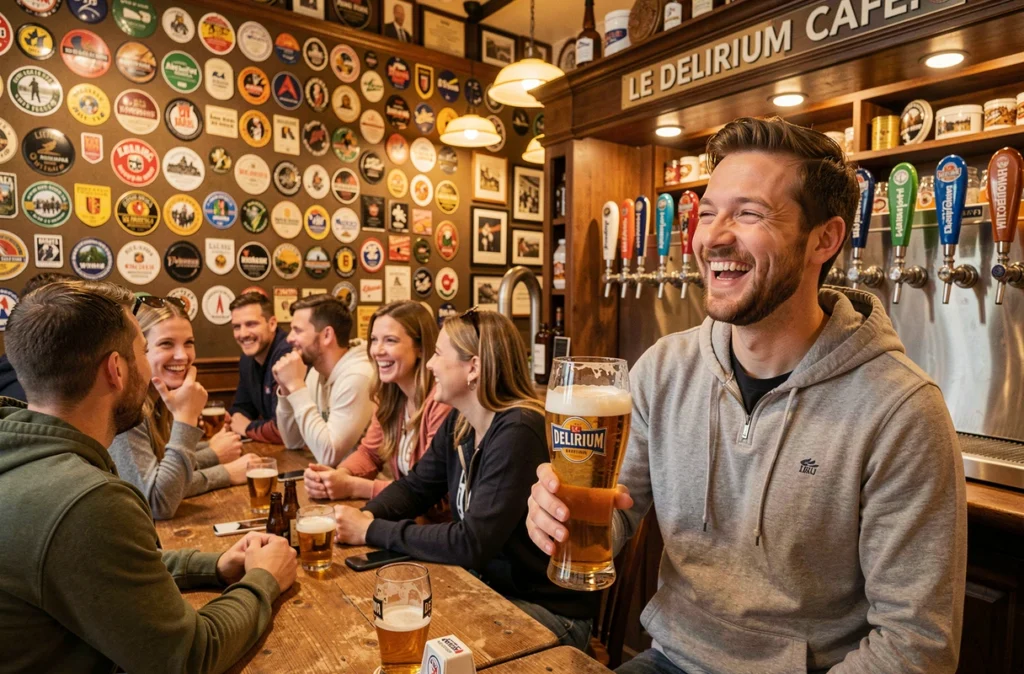 L'intérieur festif du Delirium Café avec ses bières belges à la pression et son décor couvert de memorabilia brassicole