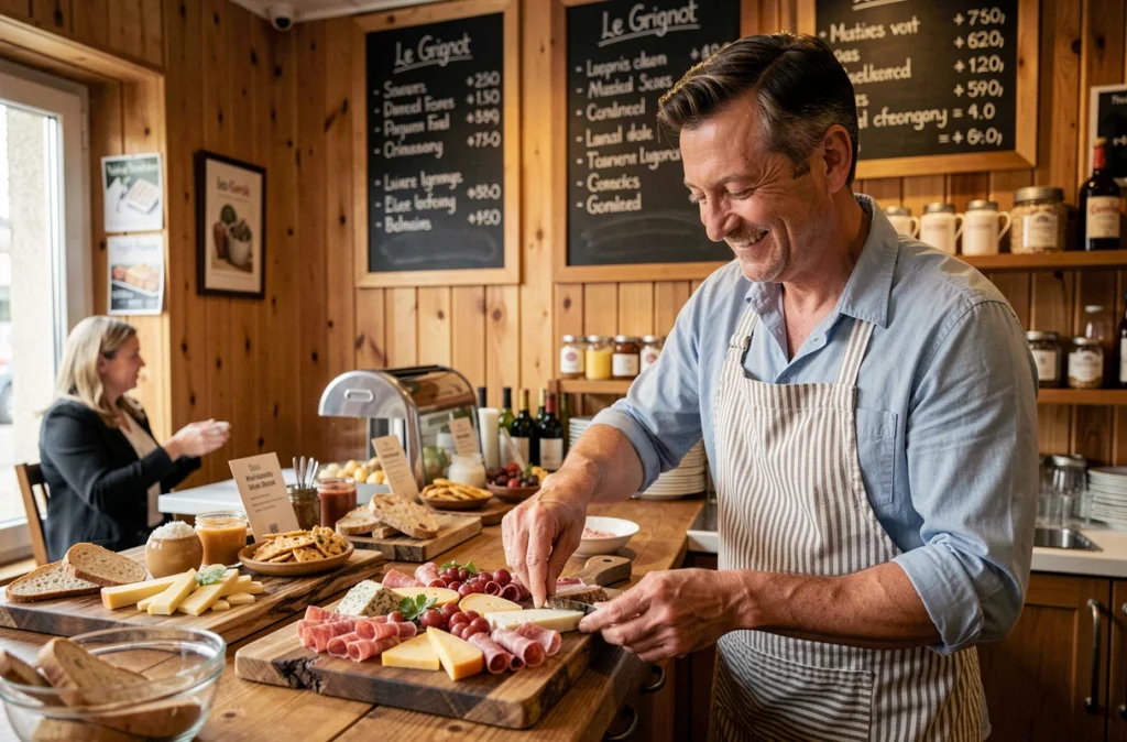 Le Grignot et ses planches de charcuterie et fromages locaux présentées avec soin sur un comptoir en bois rustique