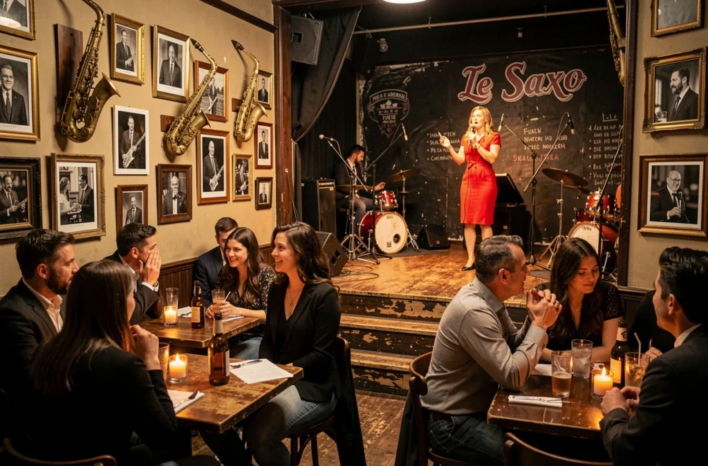 L'atmosphère jazzy du bar Le Saxo avec ses décorations musicales et sa scène de musique live intime