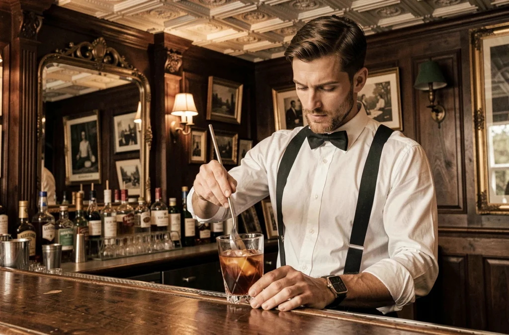 Le Vieux Carré et son atmosphère de speakeasy néo-orléanais avec un barman préparant un cocktail classique