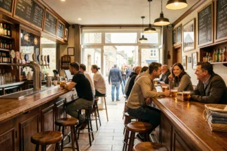 Vue panoramique d'un bar animé en Seine-Maritime avec une ambiance chaleureuse et typiquement normande