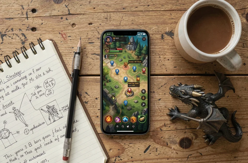 Vue aérienne d'un bureau de joueur avec smartphone affichant une carte de quête MMORPG et notes de stratégie manuscrites