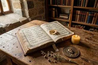 Calendrier liturgique ancien ouvert sur une table en chêne avec médaillon de saint et bougie en cire d'abeille dans une bibliothèque monastique