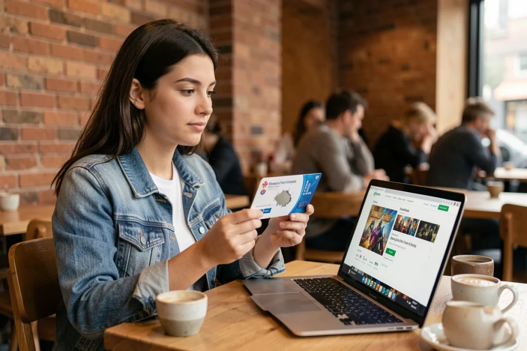 Jeune femme utilisant une carte cadeau Supercell store pour Brawl Stars dans un café