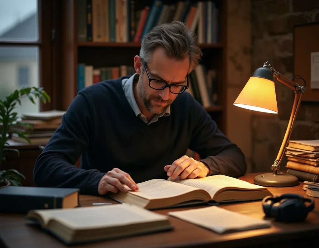 Chercheur en ethnomusicologie étudiant des transcriptions de gwers bretons dans une archive universitaire, illustrant l'analyse contemporaine du chant traditionnel