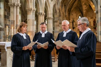 Chorale catholique en robes sombres chantant lors d'une cérémonie funèbre dans une église en pierre