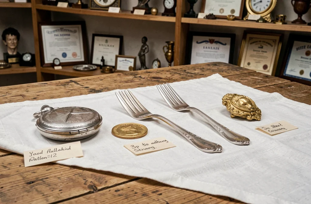 Collection d'objets en argent et or avec poinçons identifiés et étiquettes posés sur lin blanc dans une boutique d'antiquités
