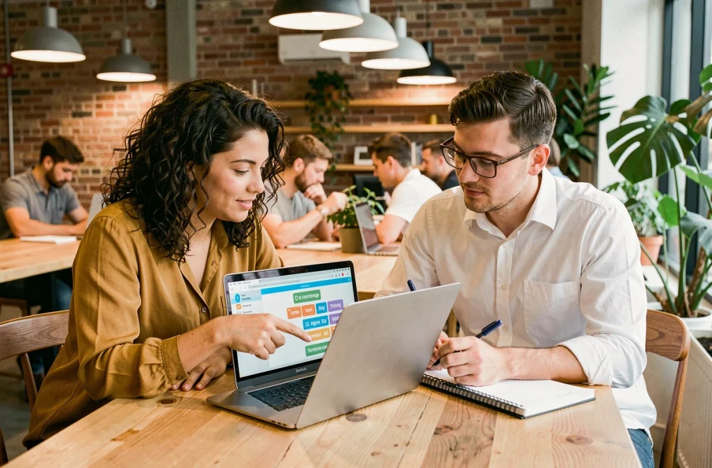 Deux collègues collaborant pour progresser sur un jeu de mots en ligne sans utiliser d'indices dans un espace de coworking