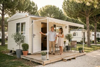 Couple devant un mobil-home français moderne installé dans un camping verdoyant entouré de pins