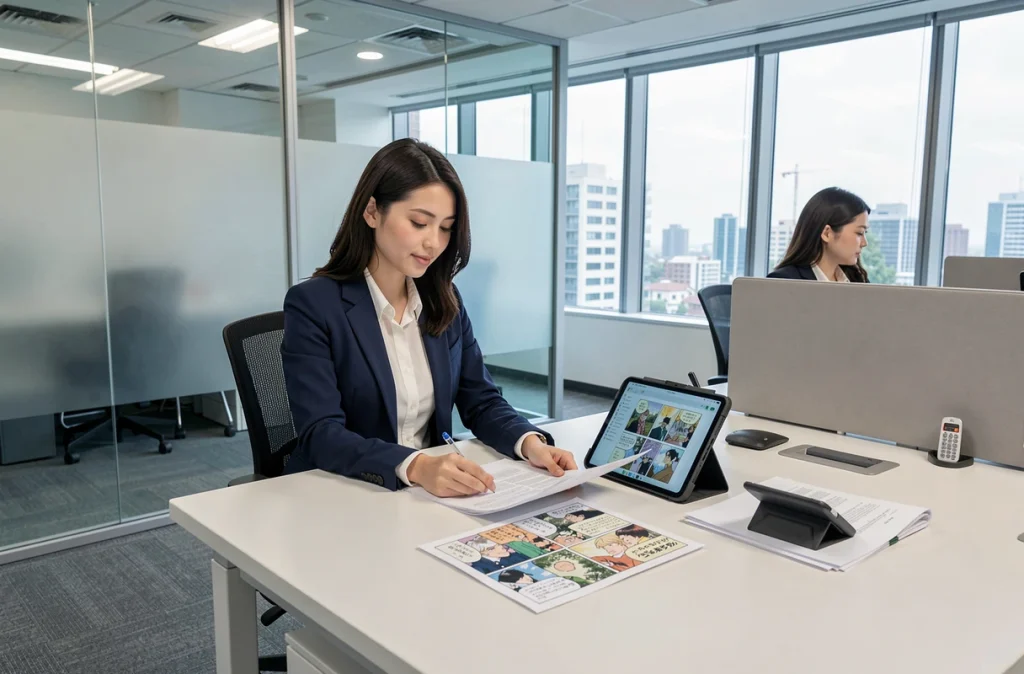 Professionnelle consultant des documents sur la propriété intellectuelle et les droits d'auteur des scans de mangas dans un environnement de bureau moderne