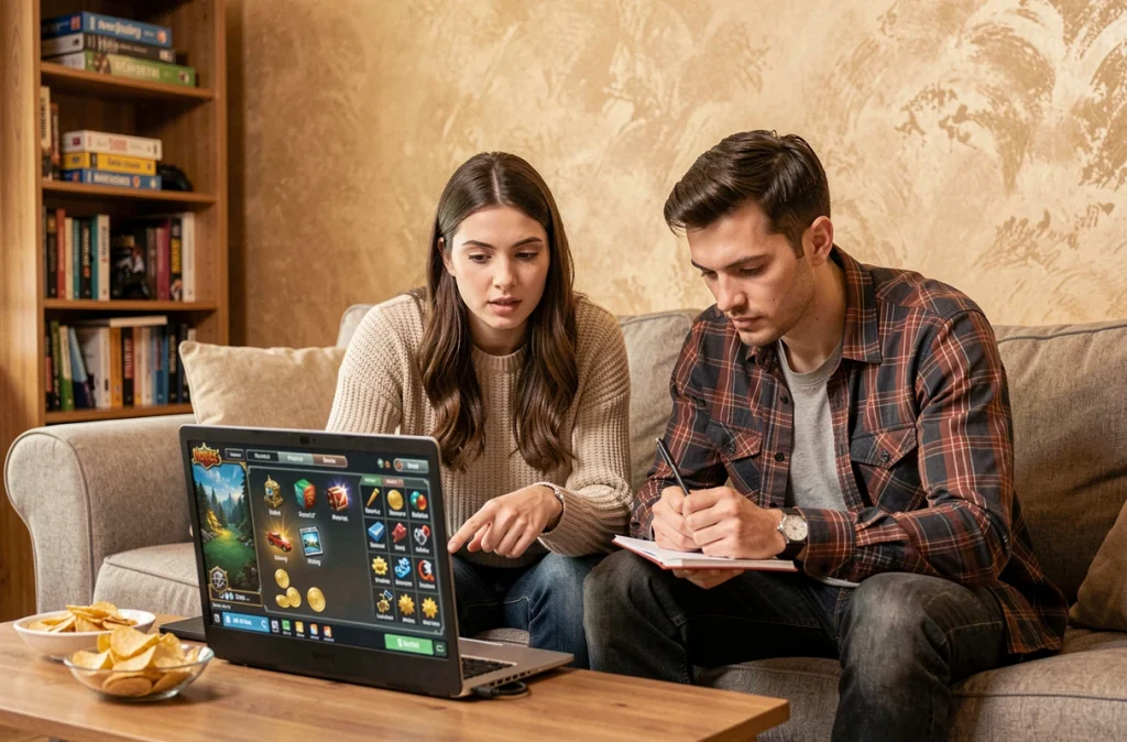 Deux joueurs adultes analysant ensemble la stratégie d'une quête MMORPG sur ordinateur portable