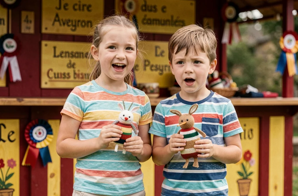 Deux enfants souriants tenant leurs lots lors d'une fête traditionnelle en Aveyron