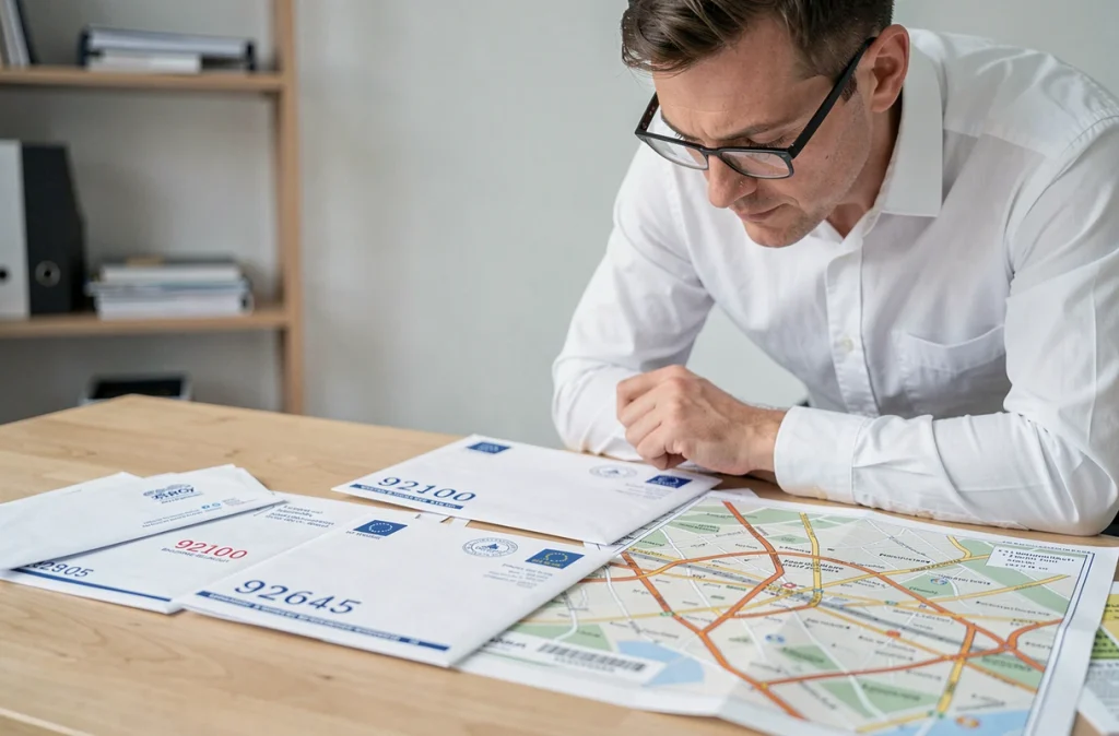 Détail d'enveloppes postales avec les codes 92100 et 92645 de Boulogne-Billancourt sur un bureau