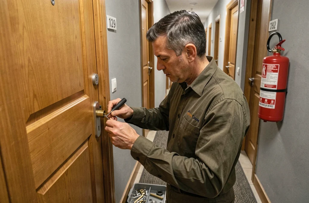 Un technicien d'Etienne Services remplace un cylindre de serrure sur une porte d'appartement dans un couloir résidentiel