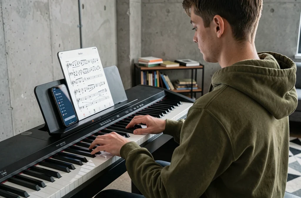 Étudiant en piano travaillant la main gauche sur une note basse bémol avec une tablette affichant une partition, dans un appartement moderne