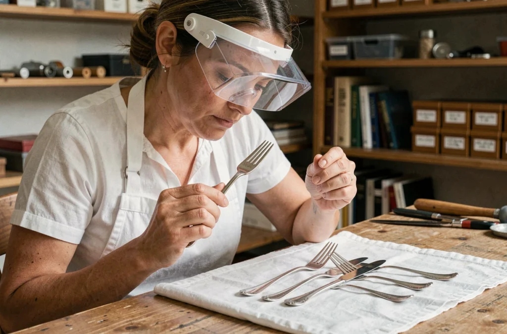 Bijoutière experte inspectant un poinçon sur des couverts en argent massif dans un atelier professionnel