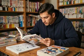 Fan de manga adulte lisant One Piece scan 1143 à son bureau entouré de volumes de manga et de dessins de fans