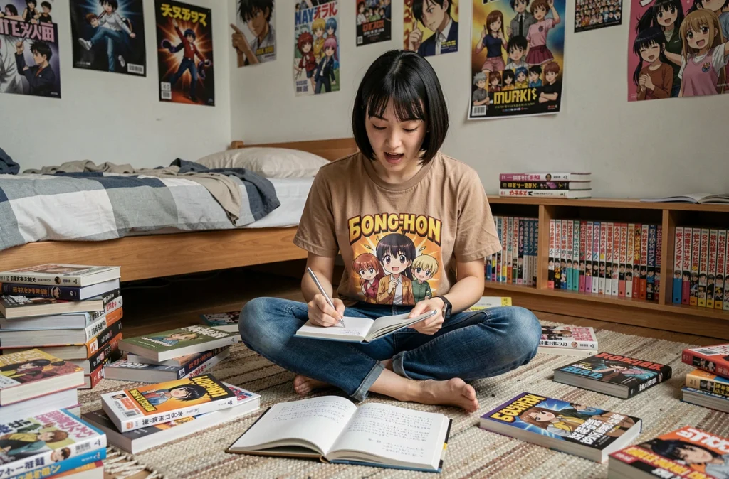 Jeune femme fan de manga prenant des notes sur le scan One Piece 1143 assise sur le sol de sa chambre entourée de volumes