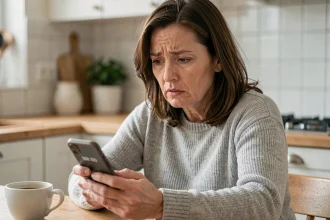 Femme regardant son smartphone avec une expression méfiante face à un numéro de téléphone inconnu