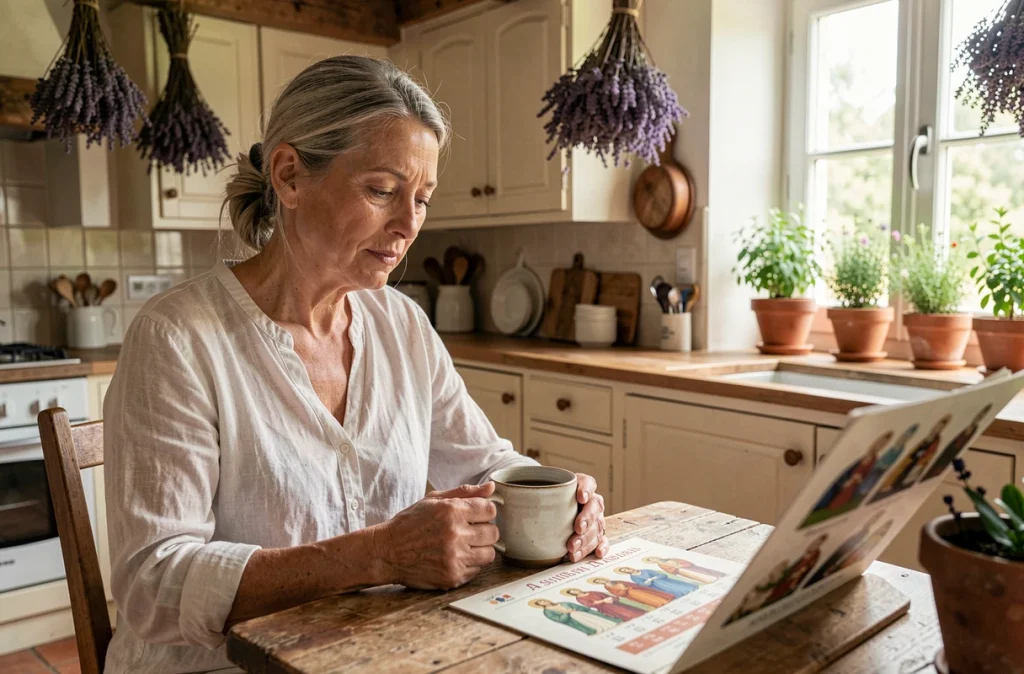 Femme mature consultant un calendrier des saints lors d'un moment matinal dans une cuisine de campagne française avec lavande séchée