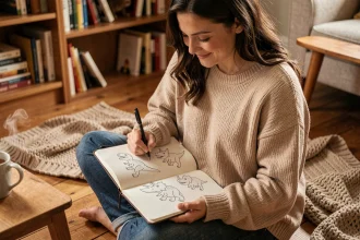 Femme détendue dessinant des dinosaures simples dans un carnet de croquis sur le sol d'un salon cosy