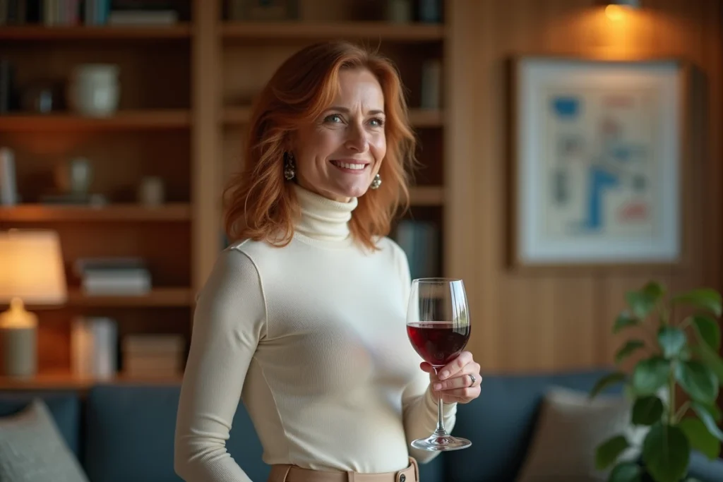 Femme élégante dans la cinquantaine engageant une conversation séduisante lors d'une soirée privée, contexte JM Cougar et astuces psychologiques de séduction