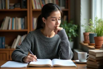 Femme étudiant la grammaire française avec des livres ouverts sur un bureau en bois, illustrant les règles d'orthographe et de pronoms démonstratifs