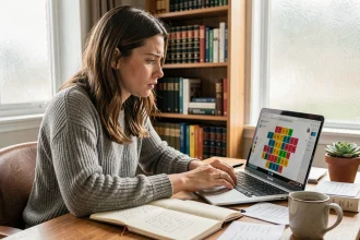 Jeune femme concentrée devant un jeu de mots en ligne sur son ordinateur portable avec un carnet de notes manuscrites