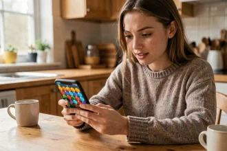 Jeune femme jouant à un jeu de puzzle coloré sur smartphone dans une cuisine chaleureuse, illustrant les niveaux Candy Crush