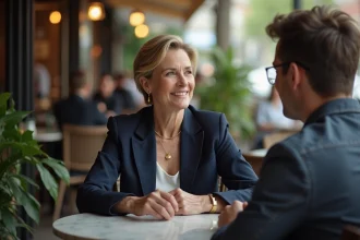 Femme mature confiante engageant la conversation avec un homme plus jeune dans un café élégant, illustrant les techniques psychologiques de séduction JM Cougar