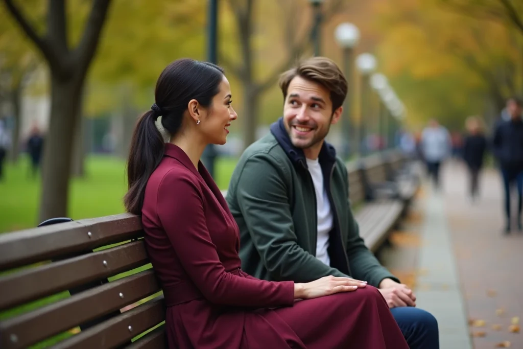 Femme mature en robe bordeaux engageant la conversation avec un homme plus jeune dans un parc urbain en automne, illustration des stratégies psychologiques JM Cougar