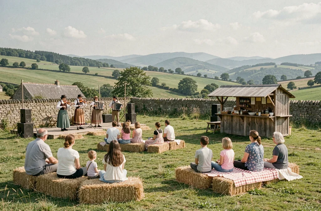 Festival folklorique en plein air dans les prairies de l'Aveyron avec des familles et des musiciens régionaux