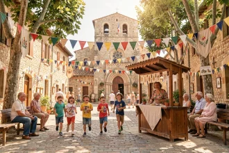 Fête de village animée en Aveyron avec des enfants jouant autour des stands traditionnels sur une place pavée