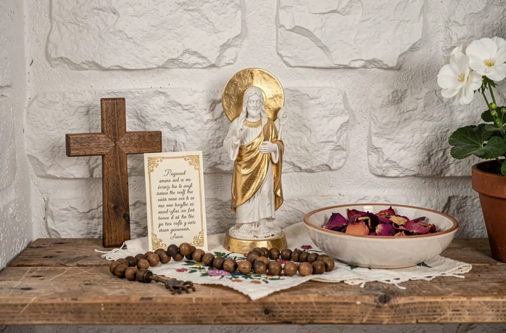 Collection de figurines de saints et symboles religieux sur une étagère en bois rustique avec rosaire et carte de prière enluminée